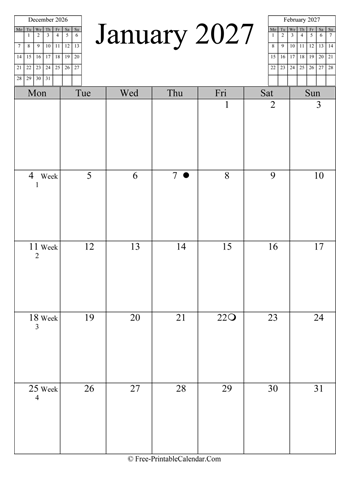 january 2027 calendar vertical