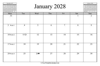 January 2028 Calendar (horizontal)