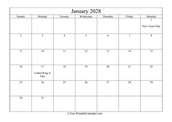 january 2028 calendar printable with holidays