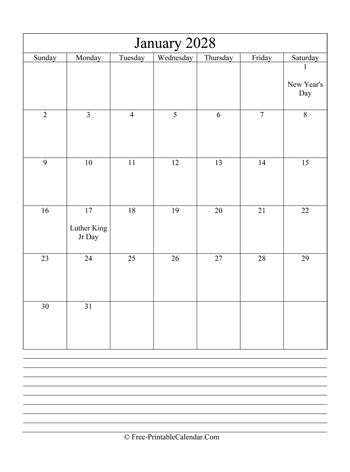 january 2028 editable calendar notes portrait