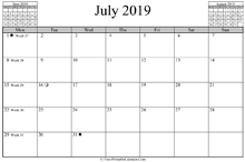 July 2019 Calendar (horizontal)