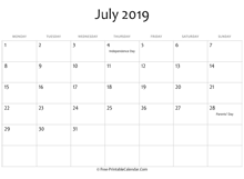 july 2019 calendar printable holidays
