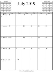 july 2019 calendar vertical