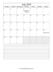 july 2019 editable calendar notes portrait