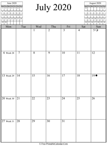 july 2020 calendar vertical
