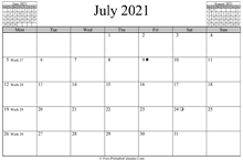 July 2021 Calendar (horizontal)