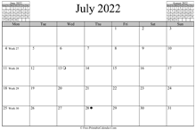 July 2022 Calendar (horizontal)