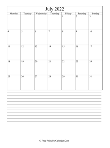 july 2022 editable calendar with notes space