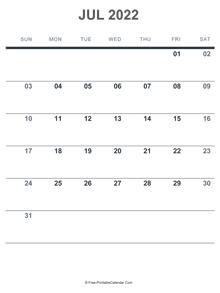 july 2022 printable calendar