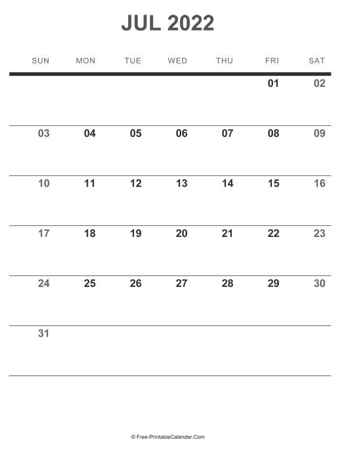 July 2022 Printable Calendar