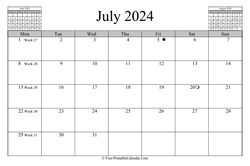 july 2024 calendar horizontal