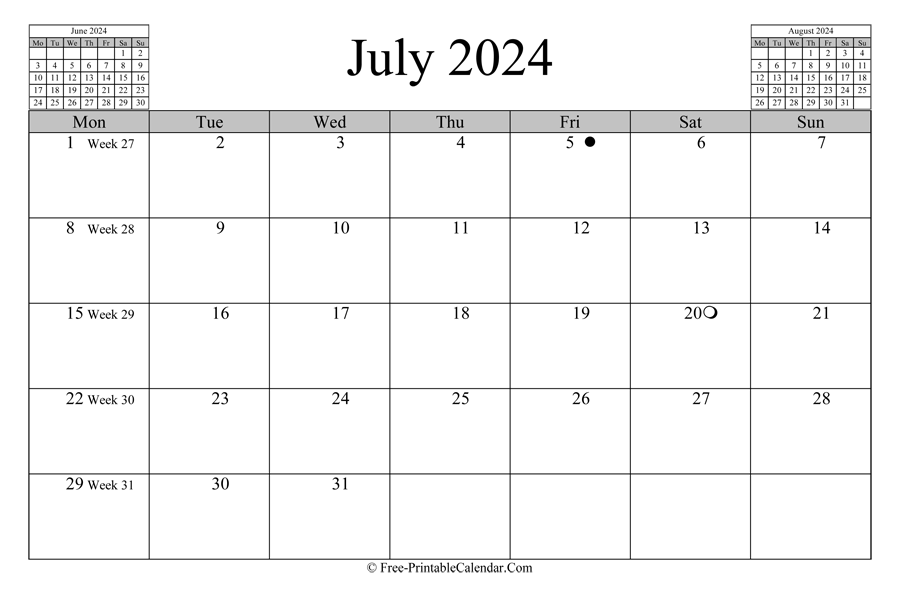 july 2024 Calendar (horizontal layout)