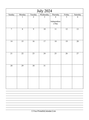 july 2024 editable calendar with notes space