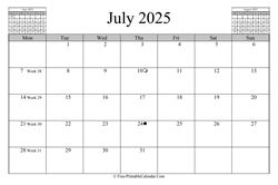 July 2025 Calendar (horizontal)