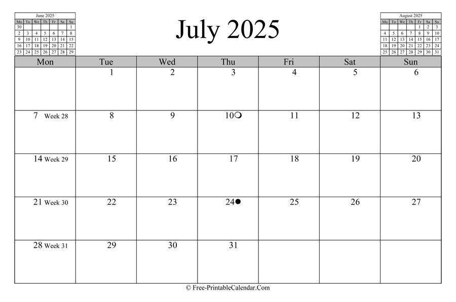 july 2025 Calendar (horizontal layout)