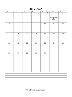 july 2025 editable calendar with notes space