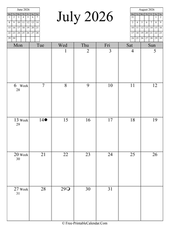 july 2026 calendar vertical
