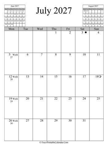 july 2027 calendar vertical