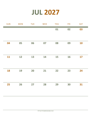 july 2027 printable calendar