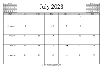 july 2028 calendar horizontal