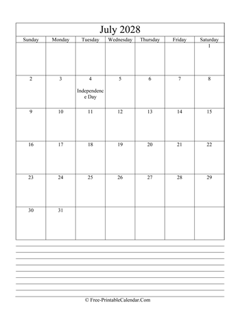july 2028 editable calendar notes portrait