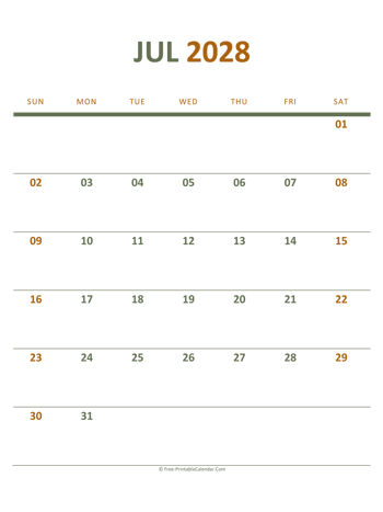 july 2028 printable calendar