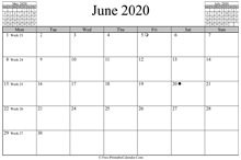 June 2020 Calendar (horizontal)