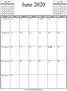 june 2020 calendar vertical