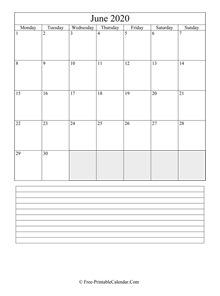 june 2020 editable calendar notes portrait