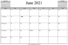June 2021 Calendar (horizontal)
