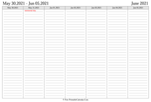 june 2021 weekly calendar landscape layout