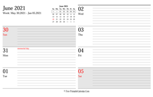june 2021 weekly calendar planner landscape layout
