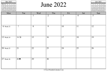 June 2022 Calendar (horizontal)