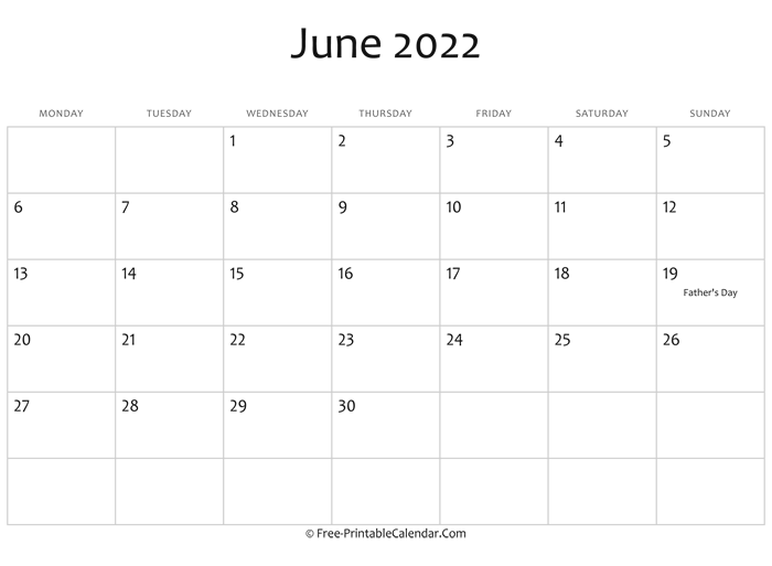 June 2022 Calendar Printable with Holidays
