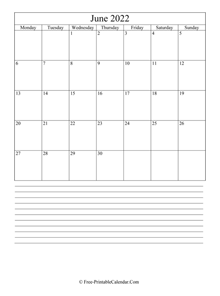 june 2022 editable calendar with notes space