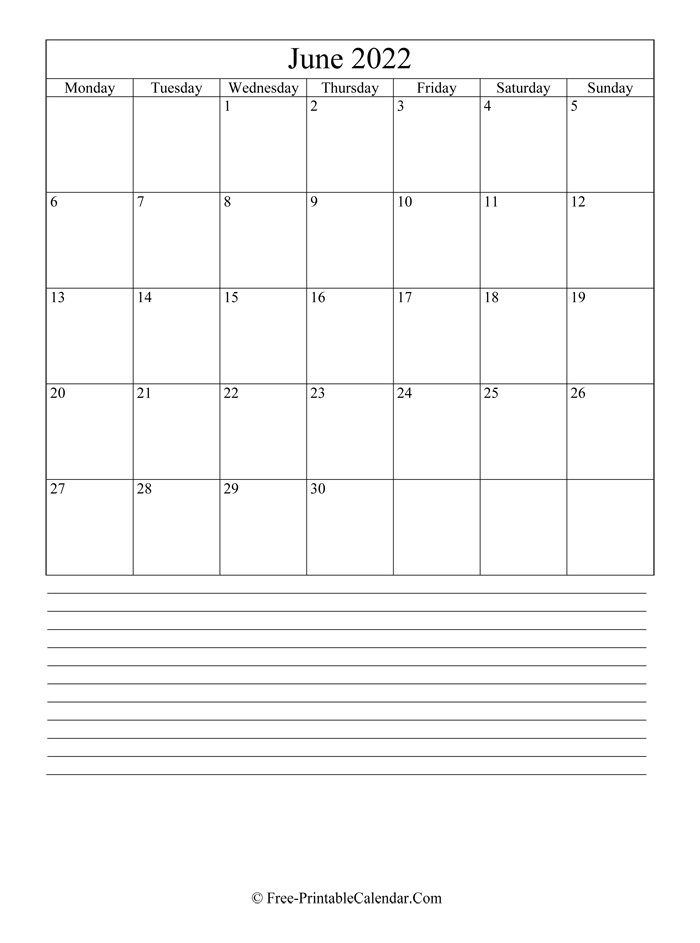 june 2022 Editable Calendar with notes