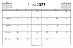 June 2023 Calendar (horizontal)