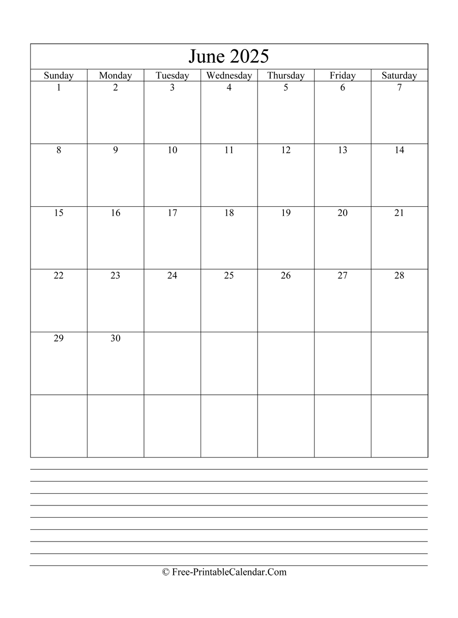 june 2025 Editable Calendar with notes