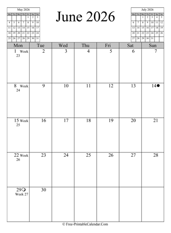 june 2026 calendar vertical
