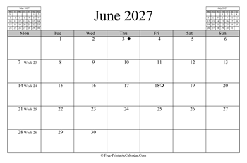 June 2027 Calendar (horizontal)