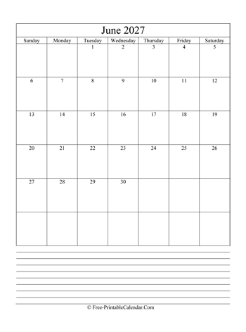june 2027 editable calendar notes portrait