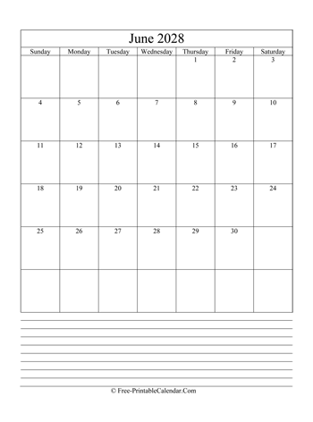 june 2028 editable calendar notes portrait