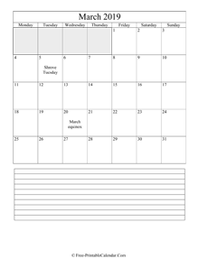 march 2019 editable calendar with notes space