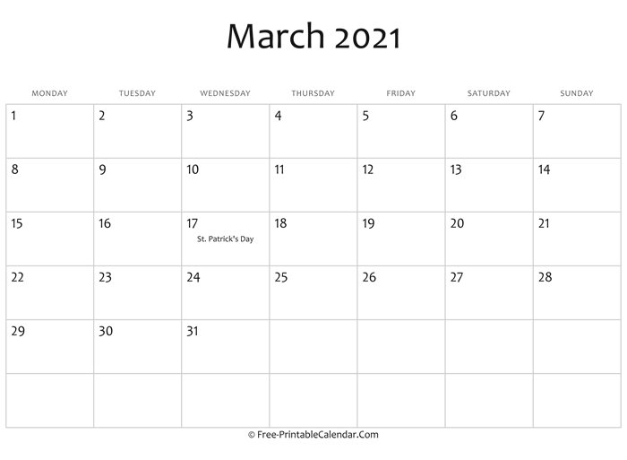 March 2021 Calendar Printable with Holidays