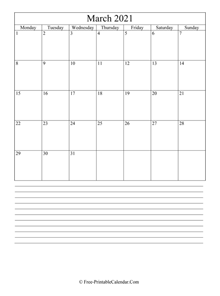 march 2021 editable calendar with notes space