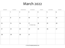 march 2022 calendar printable holidays