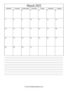 march 2022 editable calendar with notes space