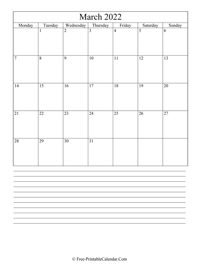 march 2022 Editable Calendar with notes