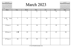 March 2023 Calendar (horizontal)