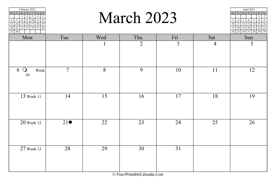 march 2023 Calendar (horizontal layout)